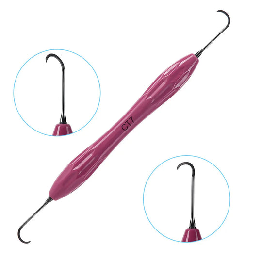 Dental Resin Filler Restorative Instrument with pink silicone handle and curved metal ends for aesthetic restoration. Close-up views of the instrument tips shown in circular insets on white background.