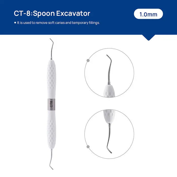 Dental Restoration Instruments Enamel Chisel Set: CT-8 Spoon Excavator, 1.0mm, for removing soft caries and temporary fillings. White handle with curved metal tip, close-up views of the instrument head and full-length image on blue background.