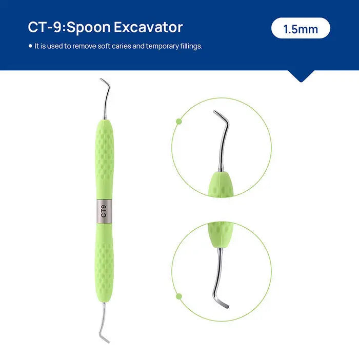 Dental Restoration Instruments Enamel Chisel Set CT-9 Spoon Excavator, 1.5mm. Green-handled dental tool with curved metal tip for removing soft caries and temporary fillings. Close-up views of the instrument's end and angled tip on blue background.