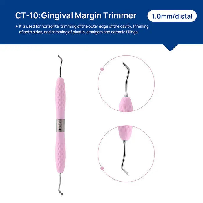 Dental Restoration Instruments Enamel Chisel Set CT-10 Gingival Margin Trimmer, 1.0mm/distal, pink handle with textured grip, metal curved ends for cavity trimming, shown in full and close-up views