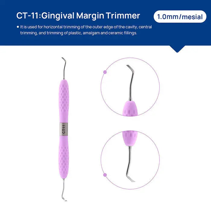 Dental Restoration Instruments Enamel Chisel Set: CT-11 Gingival Margin Trimmer, 1.0mm mesial. Purple textured handle with curved metal tip. Close-up views of trimmer end shown in circular diagrams. Used for horizontal trimming of cavity edges and fillings.