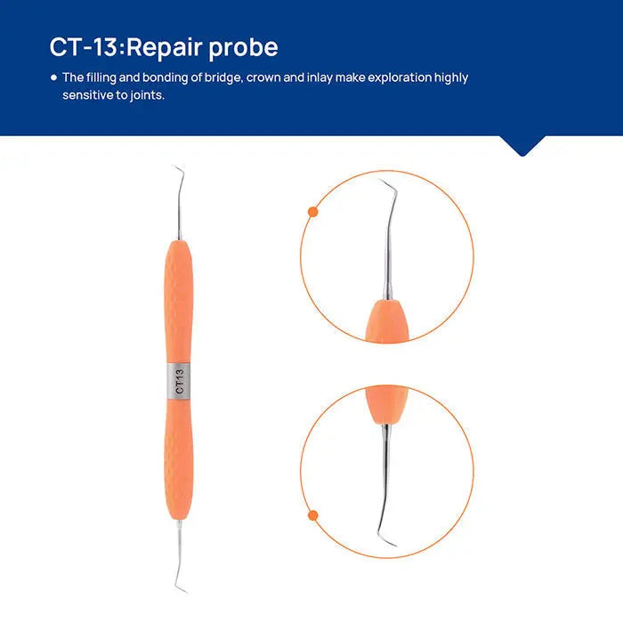 CT-13 Repair probe from Dental Restoration Instruments Enamel Chisel Set 6 Models, showing full tool and close-up views of its precise tip for sensitive exploration of dental work joints