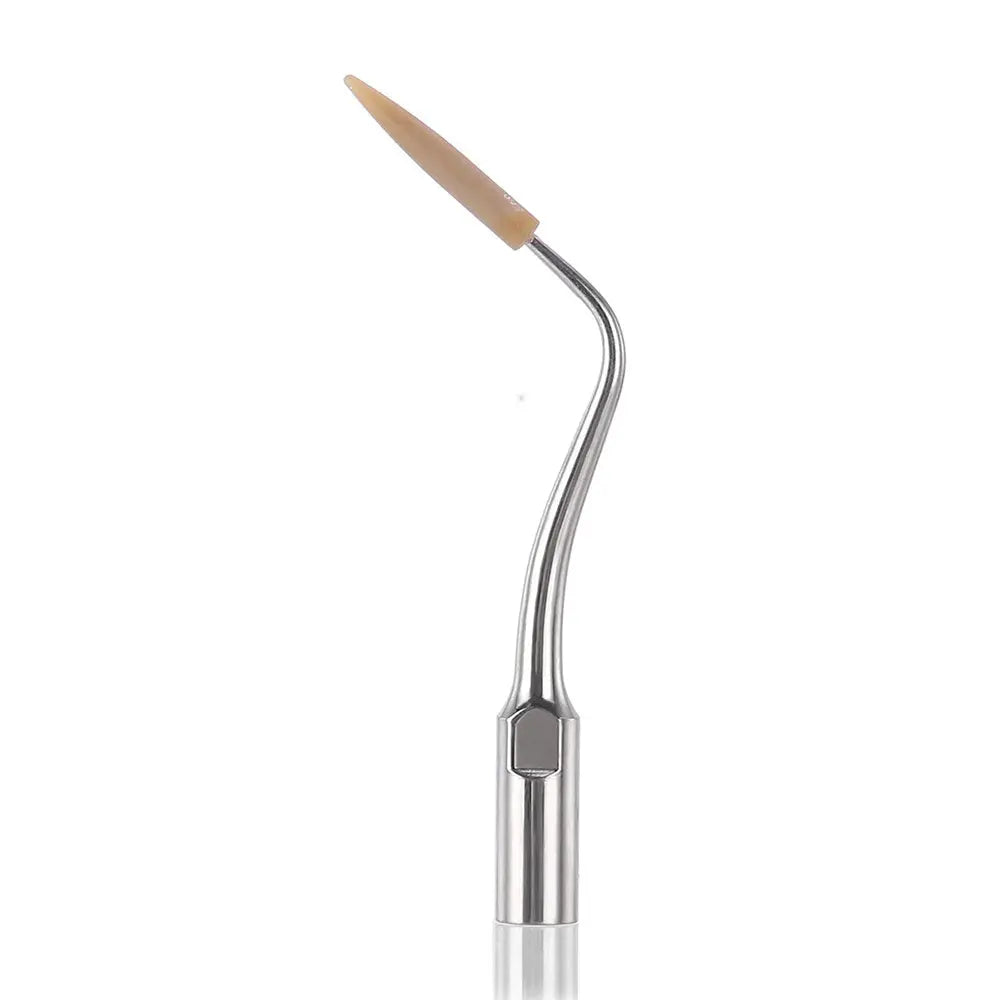 Dental Scaler Tip Periodontal Implant Cleaning Tip PD90 with curved stainless steel handle and beige peek tip for gentle implant cleaning, compatible with various ultrasonic scalers, designed for long-lasting performance and minimal abrasion