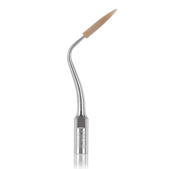 Dental Scaler Tip Periodontal Implant Cleaning Tip PD90 with curved stainless steel handle and beige peek tip for gentle implant cleaning, featuring friction-resistant design for long-lasting use in professional dental practices