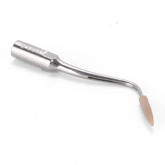 Dental Scaler Tip Periodontal Implant Cleaning Tip PD90 with silver metal handle and curved design, featuring a beige peek tip for gentle implant cleaning, suitable for Satelec, DTE, and NSK ultrasonic scalers