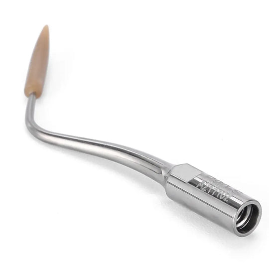 Dental Scaler Tip Periodontal Implant Cleaning Tip PD90 with beige PEEK tip for gentle implant cleaning, featuring a curved stainless steel handle and connection port, designed for precision dental procedures and minimal abrasion