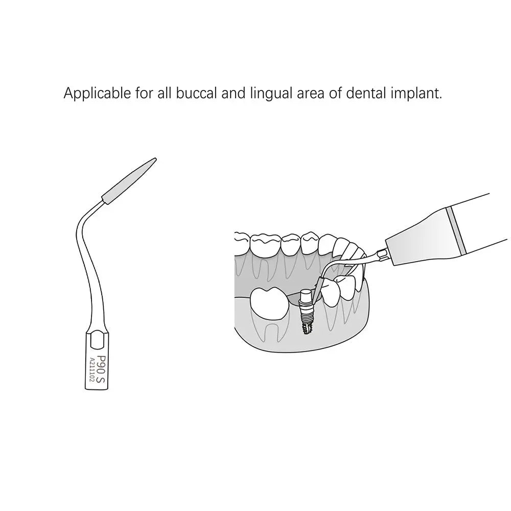 Dental Scaler Tip Periodontal Implant Cleaning Tip PD90 shown in use, illustrating its application for buccal and lingual areas of dental implants. Image includes a diagram of the tip and its use on a dental implant in a jawbone cross-section.