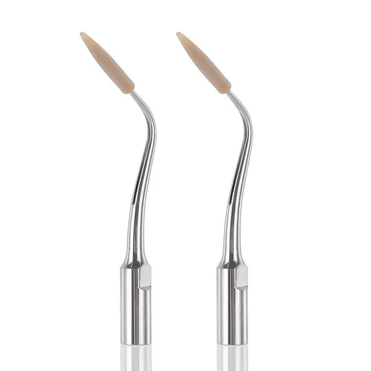 Dental Scaler Tip Periodontal Implant Cleaning Tip PD90: Two silver metal dental tools with curved shafts and beige PEEK tips for gentle implant cleaning, designed for compatibility with Satelec, DTE, and NSK ultrasonic scalers.