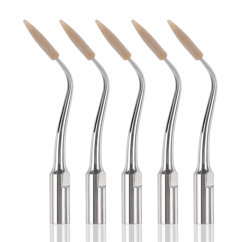 Dental Scaler Tip Periodontal Implant Cleaning Tip PD90: Five curved stainless steel dental scaler tips with beige peek ends for gentle implant cleaning, designed for professional dental use with ultrasonic scalers, featuring friction-resistant and long-lasting properties.