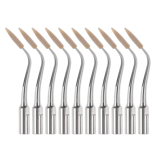 Dental Scaler Tip Periodontal Implant Cleaning Tip PD90: Set of ten silver and beige dental scaler tips with curved ends and peek tips for gentle implant cleaning, designed for professional dental use with ultrasonic scalers.