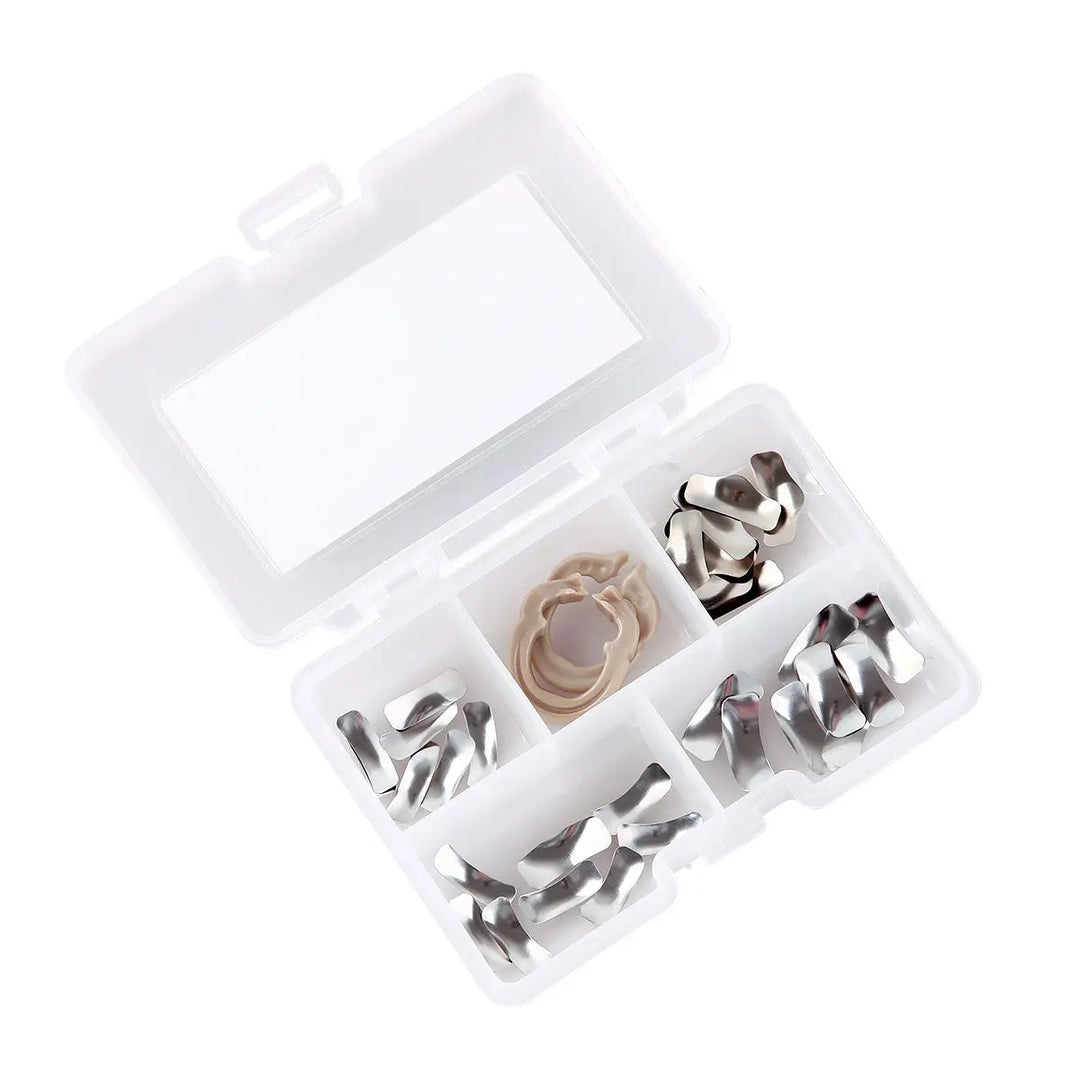 Dental Sectional Contoured Metal Matrices Matrix Refill F1 30pcs Bands And 2 Rings: Open plastic storage case containing various sizes of metal matrix bands and rings for dental procedures, organized in separate compartments for easy access and use.