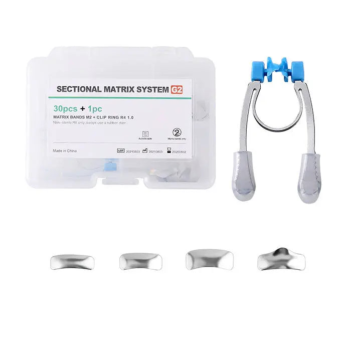 Dental Sectional Contoured Metal Matrices Matrix Refill G2 30pcs Bands And 1 Clip set displayed with plastic storage case, metal clip ring, and assorted metal matrix bands for dental procedures, ensuring optimal tooth separation and contact formation.