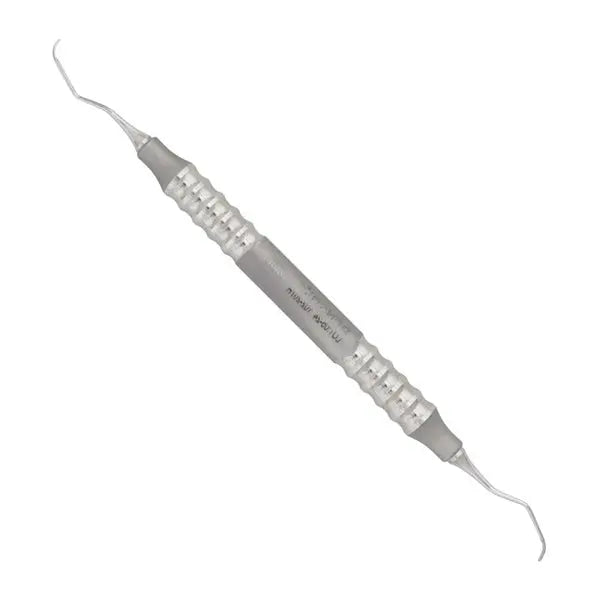 Dental Sickle Scaler Colombia 2R2L Universal with anatomical hollow handle, made of stainless steel. Double-ended instrument featuring curved tips for precise dental scaling procedures. Professional-grade dental tool for effective plaque and tartar removal.