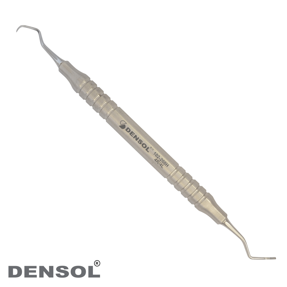 Dental Sickle Scaler Colombia 4R4L Universal with anatomical hollow handle, stainless steel scaling tips, and Densol branding. Professional dental instrument for scaling procedures, shown against white background.