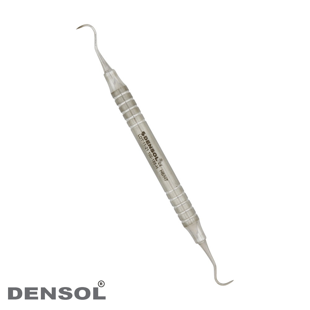 Dental Sickle Scaler H6H7 Universal with anatomical hollow handle, made of stainless steel. Double-ended instrument for removing interproximal deposits, featuring curved tips and textured grip. Professional dental tool by Densol brand.