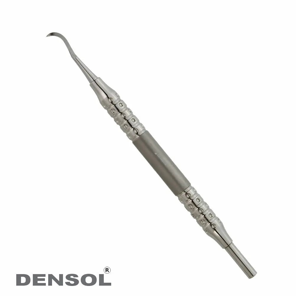 Dental Sickle Scaler with anatomical hollow handle, featuring curved tip and textured grip. Made of stainless steel, this professional dental instrument by Densol is designed for precise dental work and optimal hygiene.