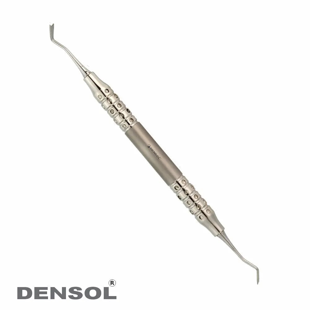 Dental Sickle Scaler with anatomical hollow handle, made of German stainless steel. Professional dental tool featuring double-ended curved tips and textured grip for precise control. High-quality instrument for dental procedures, manufactured by Densol.