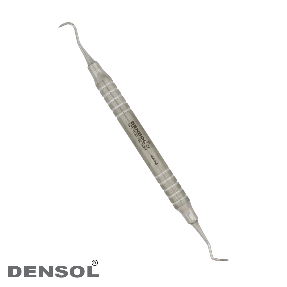 Dental Sickle Scaler Nevi 1 H5 Anterior with round hollow handle, made of stainless steel. Professional dental instrument for scaling procedures, featuring curved tip and ergonomic design. DENSOL brand visible on the handle.