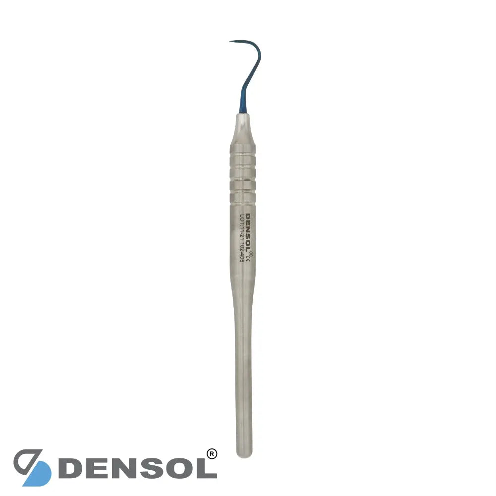 Dental Sickle Scaler Towner U15 Anterior with round hollow handle and blue titanium-coated tip, featuring Densol logo. Professional dental instrument for scaling procedures, made of stainless steel with ergonomic design.