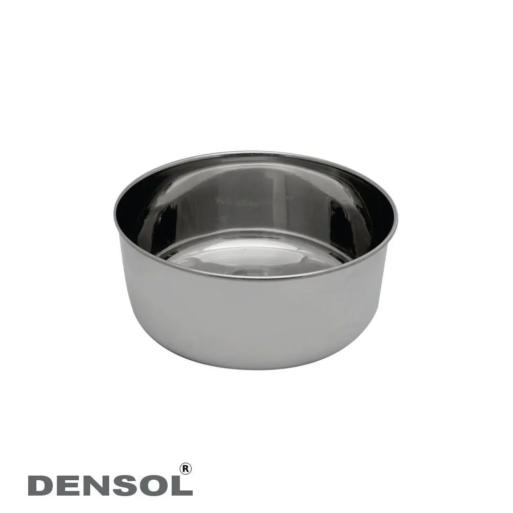 Dental Stainless Steel Gallipot Wash Bowl: Circular stainless steel medical bowl with smooth, polished surface and wide rim. Durable and autoclavable for dental instrument storage and mixing purposes. DENSOL brand visible at bottom of image.