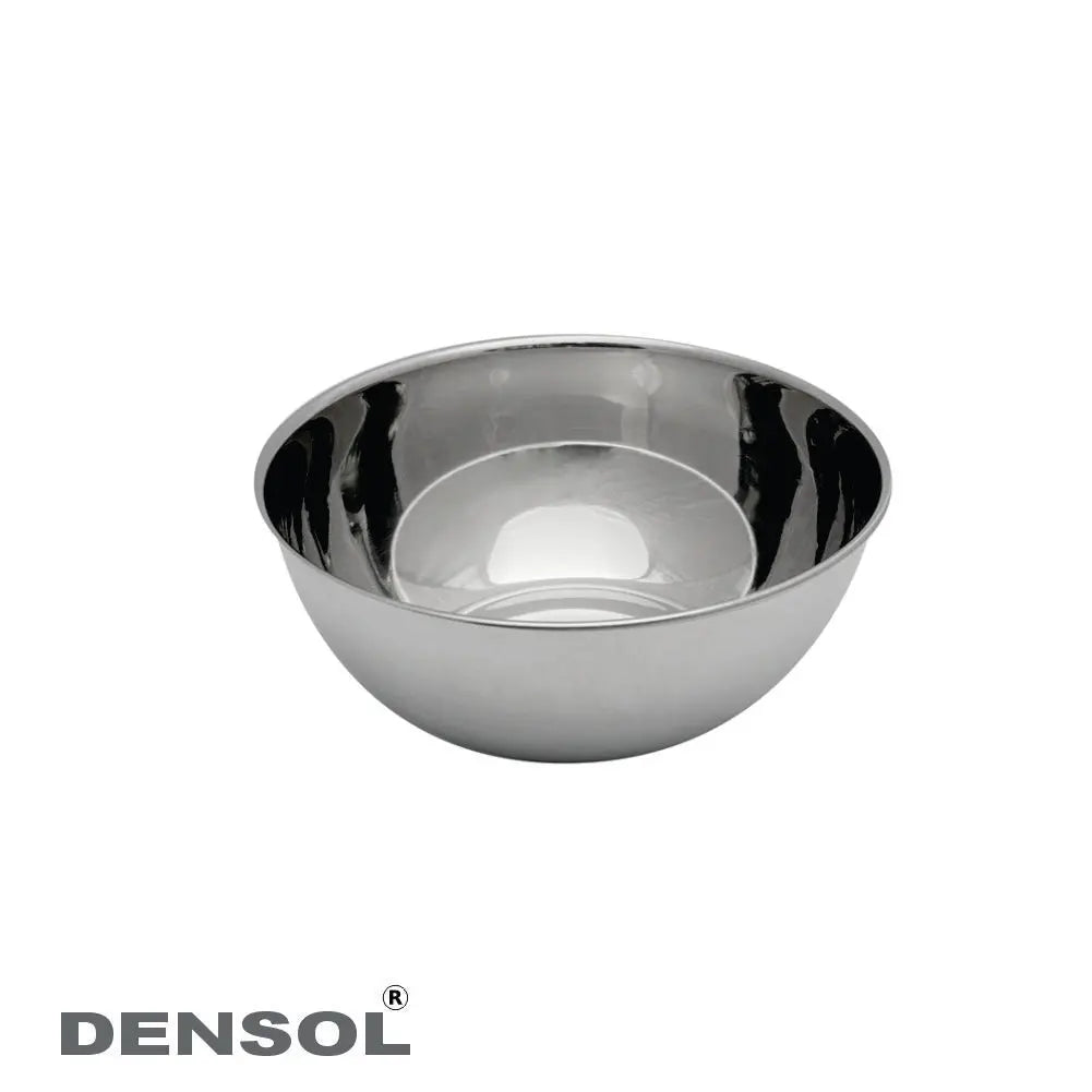 Dental Stainless Steel Mixing Bowl Small: Shiny, round, stainless steel bowl with curved sides and flat bottom, suitable for dental mixing and instrument storage. Durable and autoclavable, 105mm diameter, reflecting light on its polished surface.