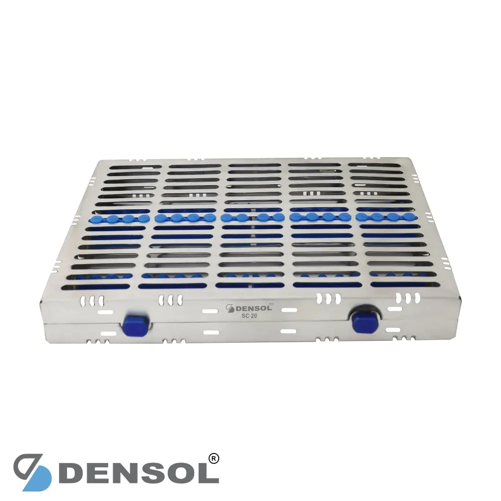 Dental Sterilizing Cassettes Large 20pcs Tray: White sterilization tray with multiple slots and blue accents for organizing dental instruments, featuring Densol branding