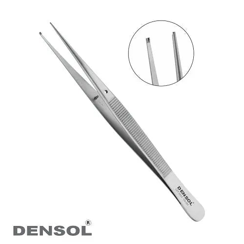 Dental Tissue Forceps Micro 1.5mm 14cm, precision stainless steel instrument with fine-tipped jaws for delicate dental procedures. Close-up view of the forceps with textured grip handle and magnified tip detail. Densol brand product for professional dental use.