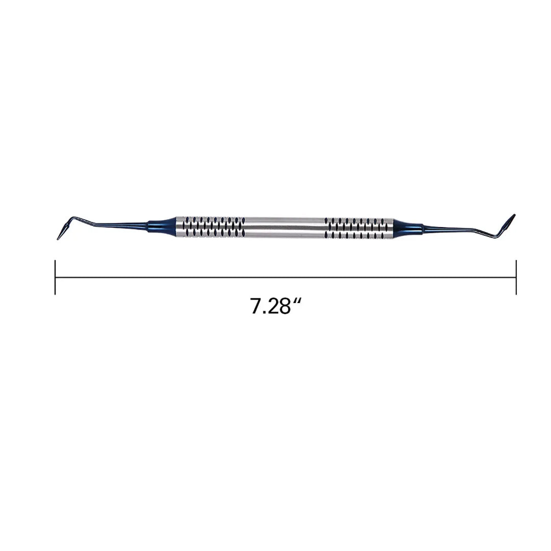 Dental Tools Composite Resin Filling Spatula Titanium Plated Head Filler Blue, 7.28 inches long, with silver textured handle and blue ends for precise dental work and smooth amalgam restorations