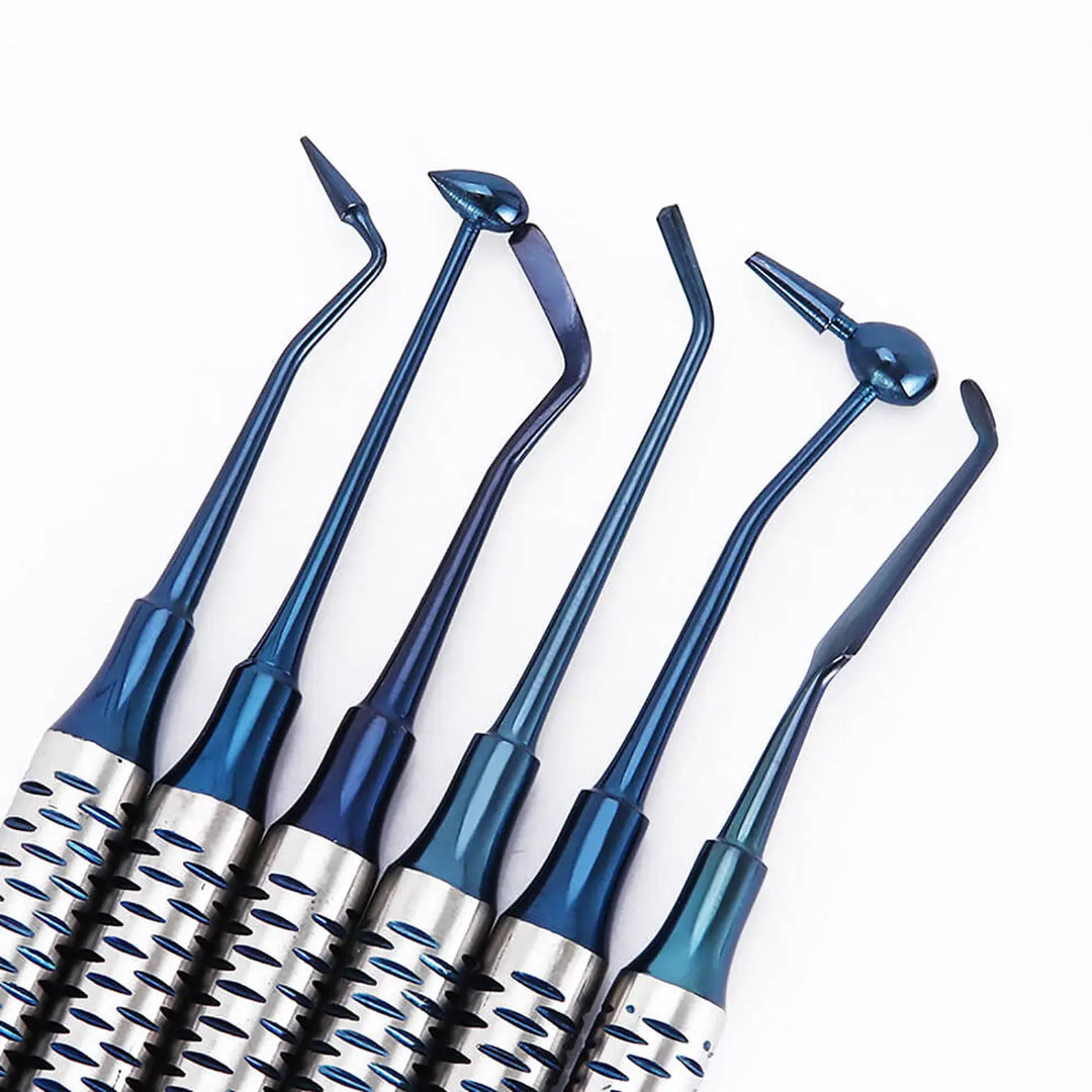 Dental Tools Composite Resin Filling Spatula set of 6 blue instruments with titanium plated heads and stainless steel handles featuring various shapes for precise dental work and smooth amalgam restorations