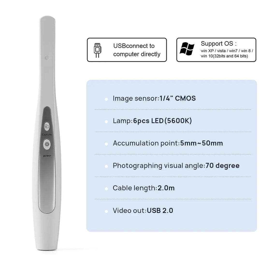 Dental USB Intraoral Camera with 6 LED lamps, featuring 1/4" CMOS sensor, 5-50mm focus range, 70 degree visual angle, 2.0m cable, and USB 2.0 connectivity. Supports Windows OS. Product specifications displayed.