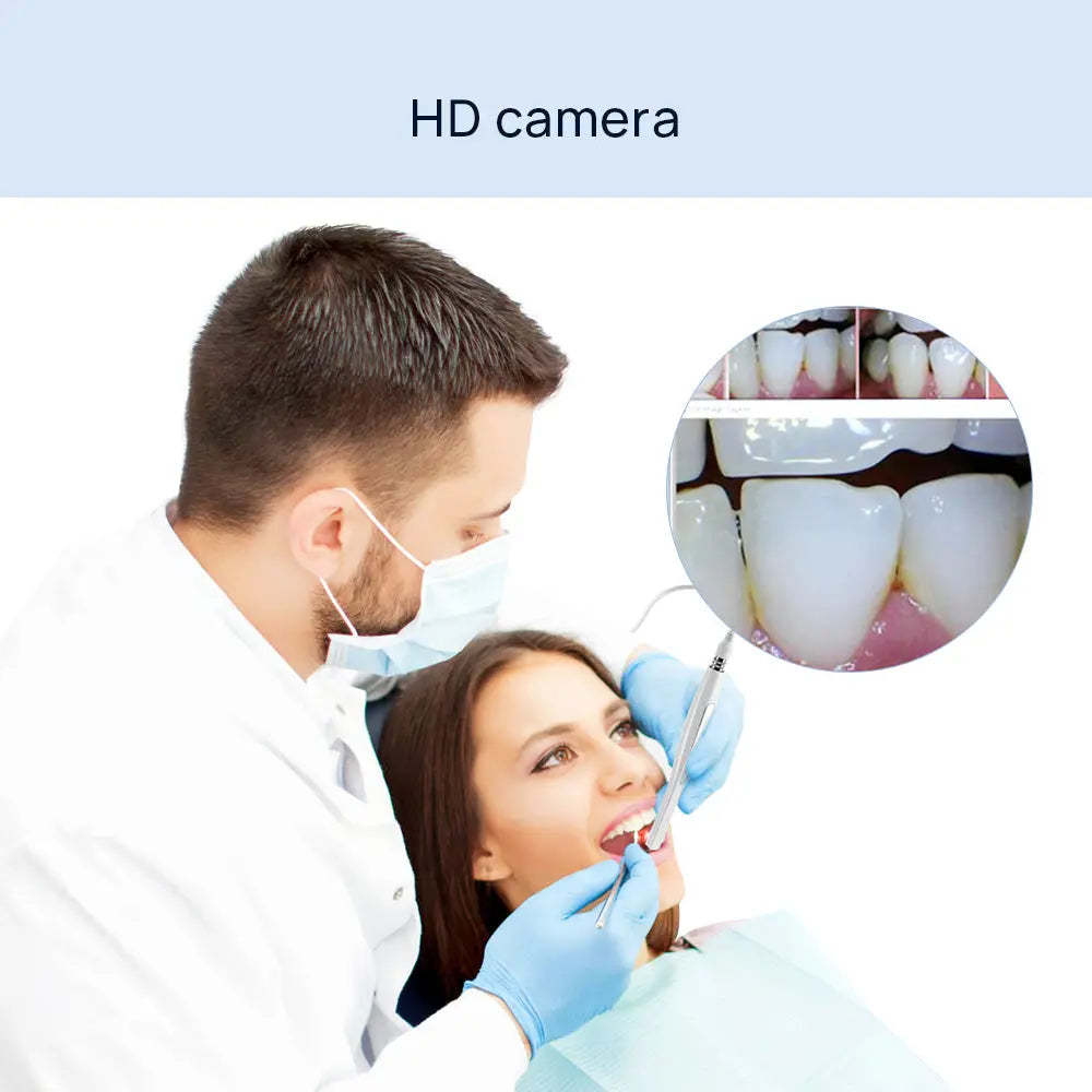 Dental USB Intraoral Camera in use: Dentist examining patient's teeth with HD camera, close-up image of teeth captured by device shown in inset, demonstrating high-quality dental imaging capabilities