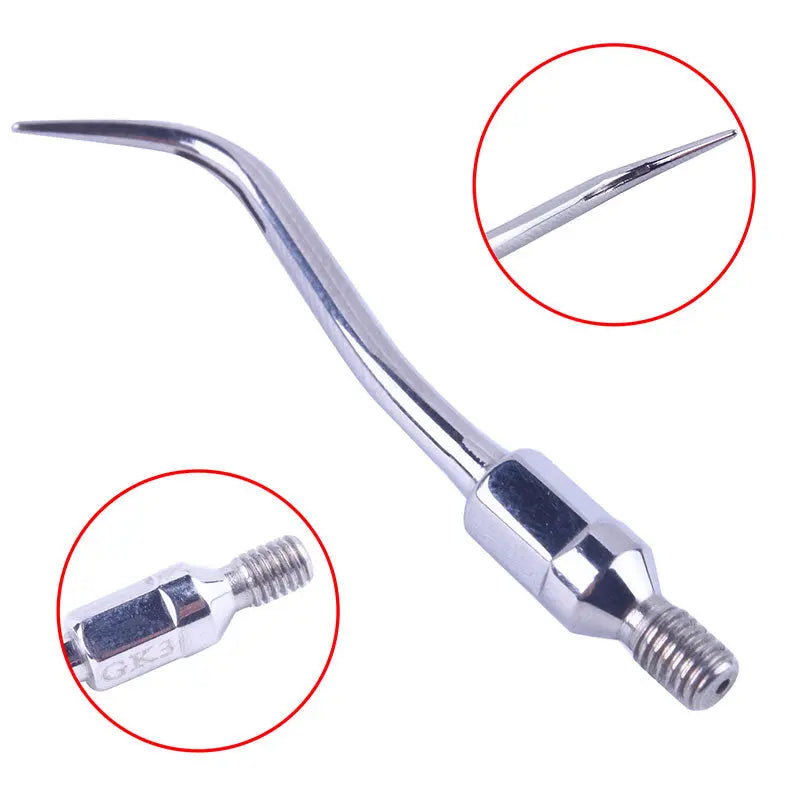 Dental Ultrasonic Air Scaler Scaling Handpiece Tips GK3 with curved stainless steel design, spiral interface, and fine pointed tip for precise dental cleaning and calculus removal, compatible with Kavo SONICflex models