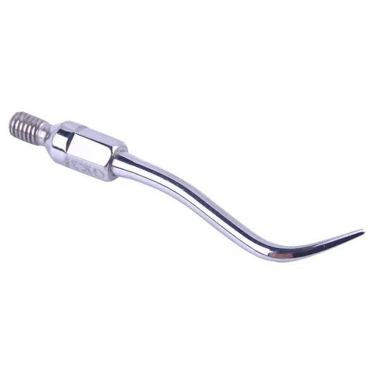 Dental Ultrasonic Air Scaler Scaling Handpiece Tips GK3: Curved stainless steel dental tool with spiral interface for Kavo Air Scaler, used to remove calculus and plaque. Shiny metal finish with a sleek, ergonomic design for precise dental procedures.