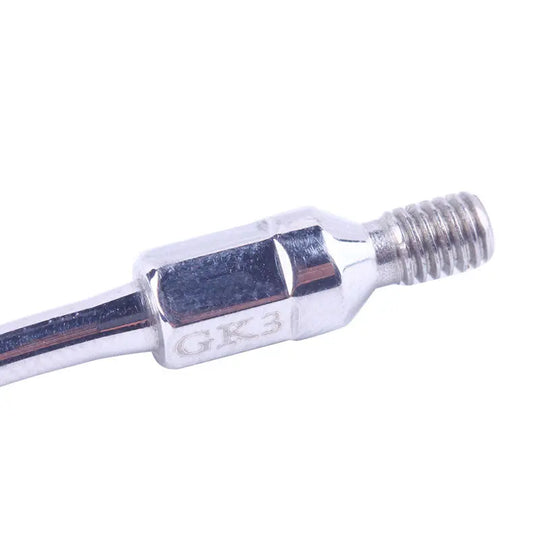 Close-up of Dental Ultrasonic Air Scaler Scaling Handpiece Tips GK3, showing silver metal tip with GK3 engraving, designed for Kavo SONICflex air scaler handpieces, used for removing dental calculus and plaque