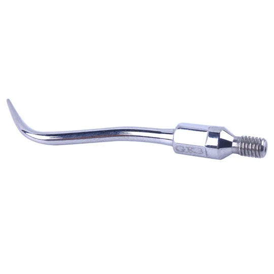 Dental Ultrasonic Air Scaler Scaling Handpiece Tips GK3: Stainless steel curved tip for Kavo SONICflex air scaler, used to remove calculus and plaque. Spiral interface design for efficient dental cleaning and scaling procedures.