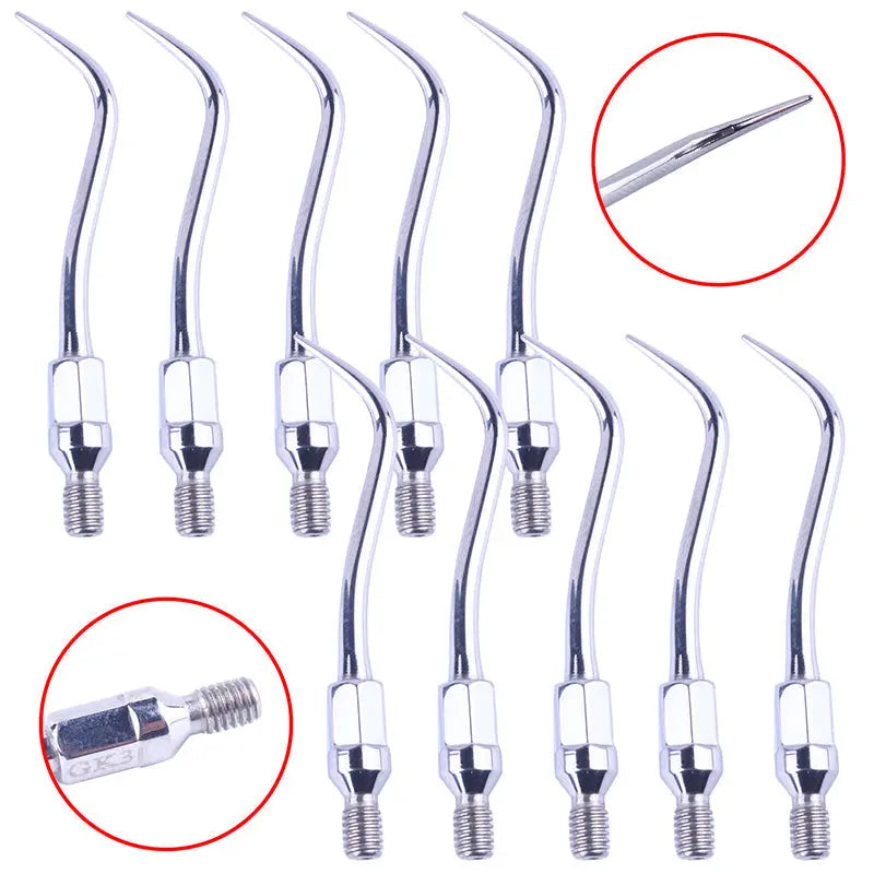 Dental Ultrasonic Air Scaler Scaling Handpiece Tips GK3 set, featuring 10 stainless steel tips with curved design and threaded connectors, close-up of tip detail in red circles, for professional dental cleaning and calculus removal