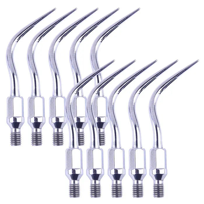 Dental Ultrasonic Air Scaler Scaling Handpiece Tips GK6: Set of 10 stainless steel curved dental scaling tips with spiral interfaces, designed for Kavo SONICflex air scaler handpieces. Used for removing calculus in various dental areas.