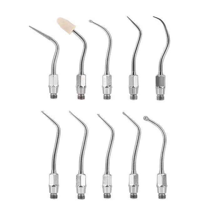 Dental Ultrasonic Air Scaler Scaling Handpiece Tips No.05-No.81 set, featuring 10 stainless steel tips with various shapes and sizes for different dental procedures, arranged in two rows on a white background