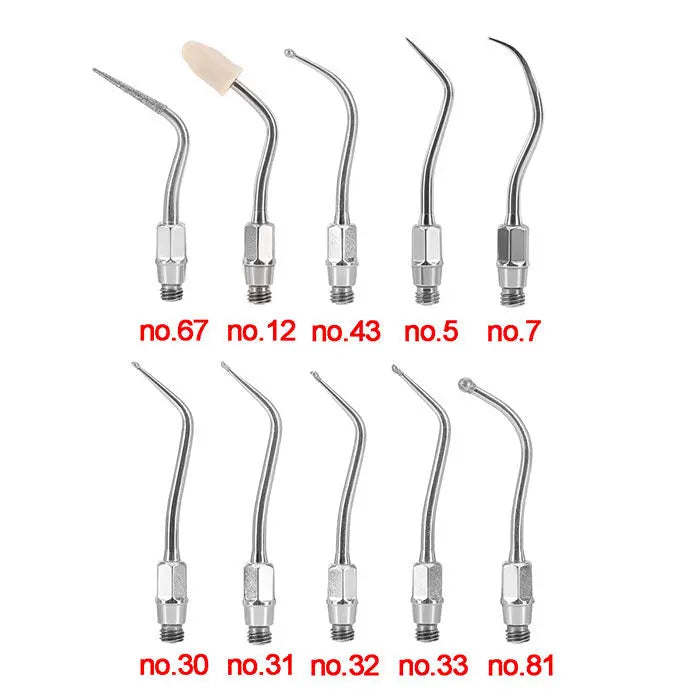 Dental Ultrasonic Air Scaler Scaling Handpiece Tips No.05-No.81 set featuring 10 different numbered stainless steel tips with varied shapes and angles for specific dental procedures, compatible with Kavo SONICflex air scalers