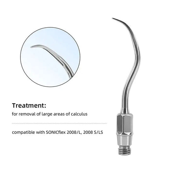 Dental Ultrasonic Air Scaler Scaling Handpiece Tips No.05-No.81 for removal of large areas of calculus, compatible with SONICflex 2008/L, 2008 S/LS. Curved metal tip with magnified detail view, highlighting its precision design for effective dental scaling treatments.