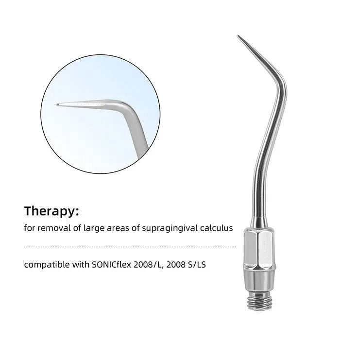 Dental Ultrasonic Air Scaler Scaling Handpiece Tip for removal of large areas of supragingival calculus, compatible with SONICflex 2008/L, 2008 S/LS. Close-up of curved metal tip and enlarged view of fine point for precise dental cleaning.