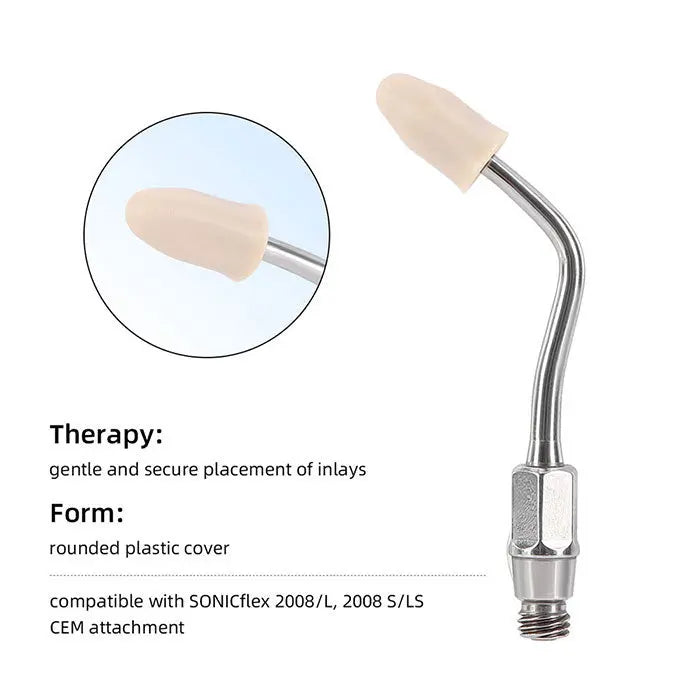 Dental Ultrasonic Air Scaler Scaling Handpiece Tip No.12 for gentle inlay placement, compatible with SONICflex 2008/L, 2008 S/LS. Features rounded plastic cover and CEM attachment for secure and precise dental procedures.