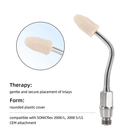 Dental Ultrasonic Air Scaler Scaling Handpiece Tip No.12 for gentle inlay placement, compatible with SONICflex 2008/L, 2008 S/LS. Features rounded plastic cover and CEM attachment for secure and precise dental procedures.