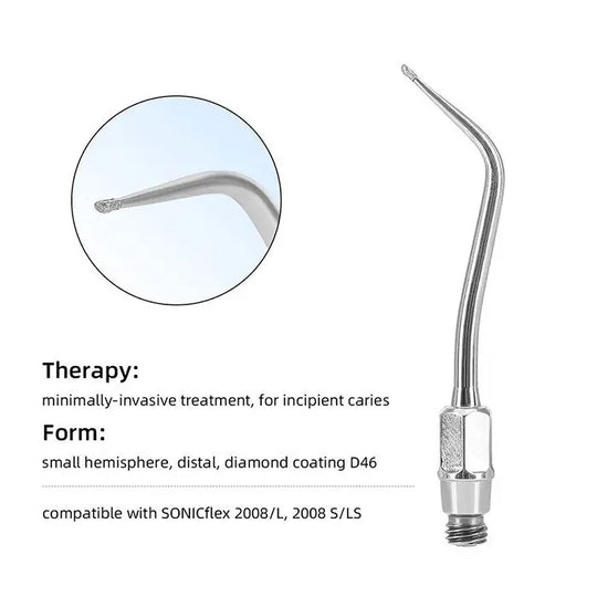 Dental Ultrasonic Air Scaler Scaling Handpiece Tip for minimally-invasive treatment of incipient caries, compatible with SONICflex 2008/L, 2008 S/LS. Small hemisphere, distal, diamond coating D46. Closeup of curved metal tip and full instrument view.