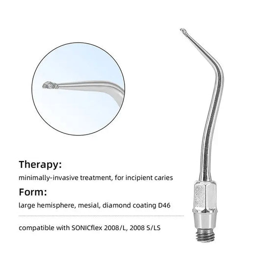 Dental Ultrasonic Air Scaler Scaling Handpiece Tip for minimally-invasive caries treatment, featuring large hemisphere mesial form with diamond coating D46, compatible with SONICflex 2008/L and 2008 S/LS models