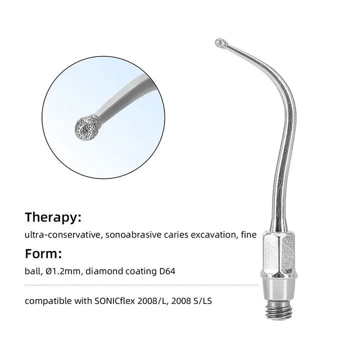 Dental Ultrasonic Air Scaler Scaling Handpiece Tips No.05-No.81 for ultra-conservative, sonoabrasive caries excavation. Curved metal tool with diamond-coated ball tip, 1.2mm diameter. Compatible with SONICflex 2008/L, 2008 S/LS. Close-up of fine ball tip shown.