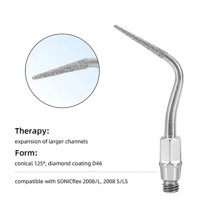 Dental Ultrasonic Air Scaler Scaling Handpiece Tip No.05-No.81, diamond-coated conical tip for expansion of larger channels, compatible with SONICflex 2008/L, 2008 S/LS, shown with detailed close-up of textured surface