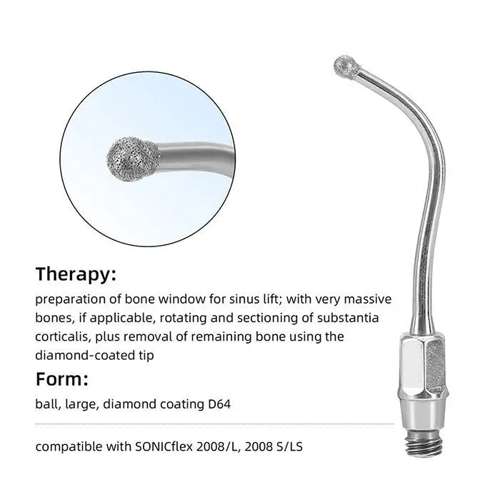 Dental Ultrasonic Air Scaler Scaling Handpiece Tip No.81 for bone window preparation in sinus lift procedures, featuring diamond-coated ball tip and curved design, compatible with SONICflex 2008/L and 2008 S/LS models