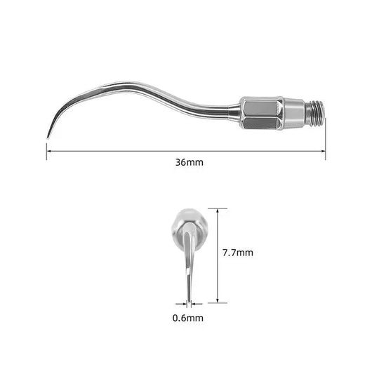 Dental Ultrasonic Air Scaler Scaling Handpiece Tips No.05-No.81 with curved metal tip, 36mm length, 7.7mm height, and 0.6mm tip diameter, compatible with Kavo SONICflex models for various dental procedures including calculus removal and caries treatment