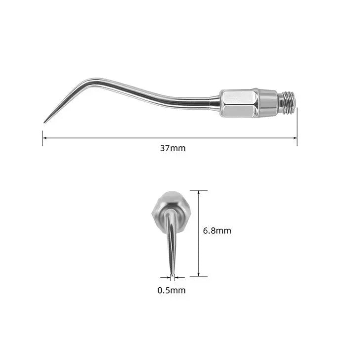 Dental Ultrasonic Air Scaler Scaling Handpiece Tip No.05-No.81, showing curved metal tip with 37mm length, 6.8mm width, and 0.5mm point diameter, for precise dental scaling and cleaning procedures